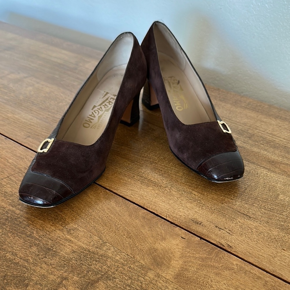 Vintage Salvatore Ferragamo Dark Brown Suede Heels